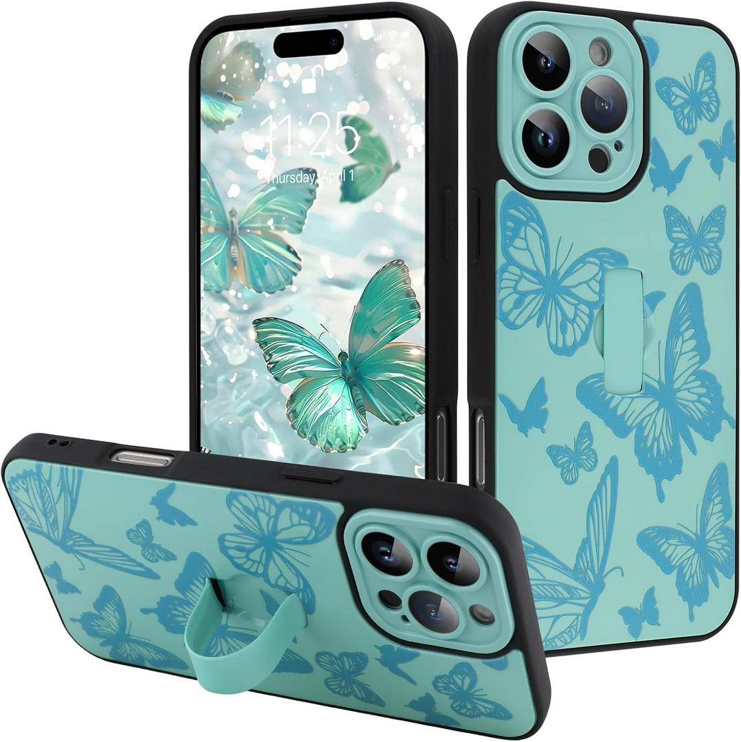 for iPhone 16 Pro Max Case with Finger Strap Holder, Cute Cool Butterfly Print Pattern Design for Women Men, Shockproof Anti Scratch Hand Kickstand Protective Cover, Green