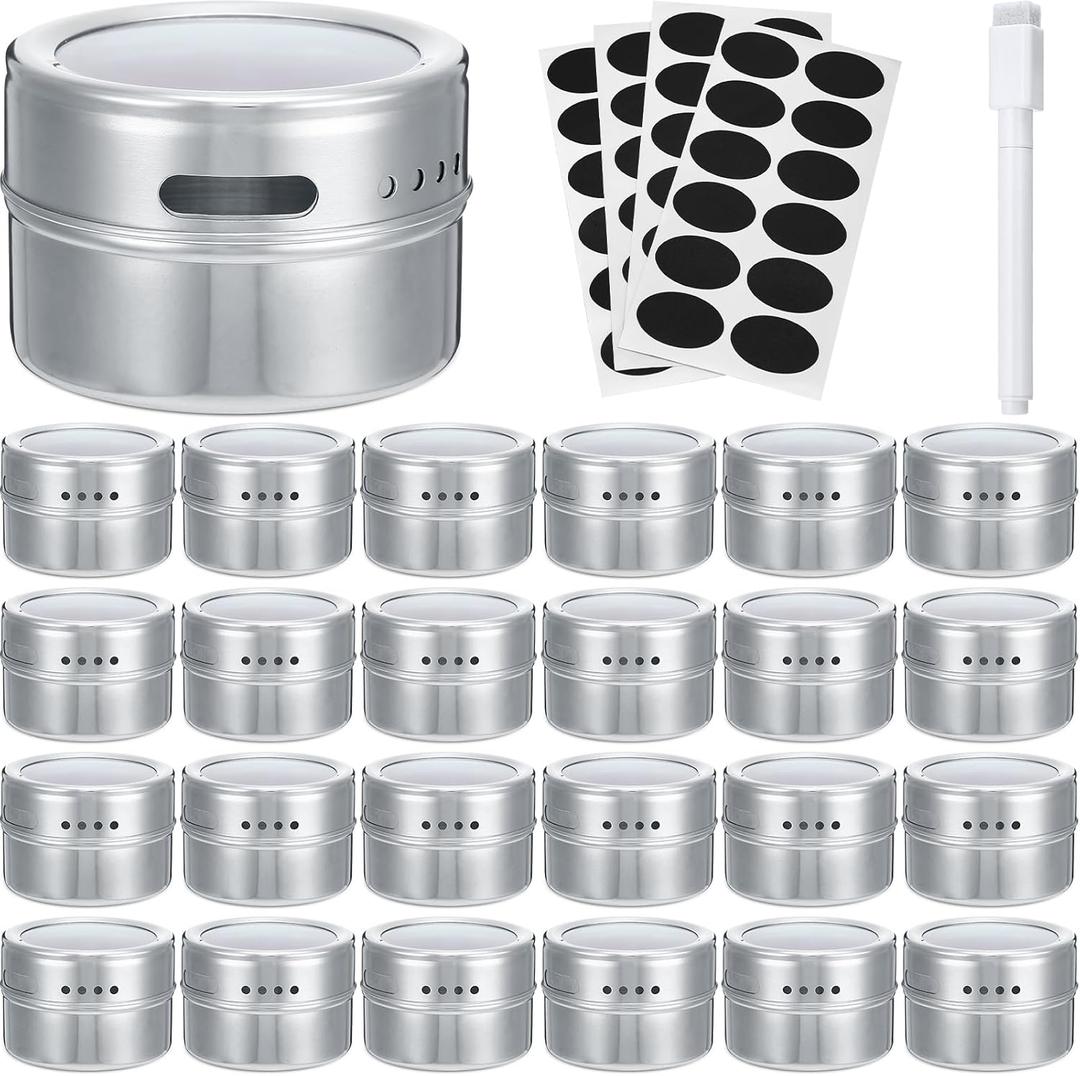 CHENGU 24 Pack Magnetic Spice Jars for Refrigerator 3 oz Magnetic Spice Containers Stainless Steel Seasoning Tins with Clear Lid, with Labels Marker and Pens for Grill Kitchen Fridge Rack Travel