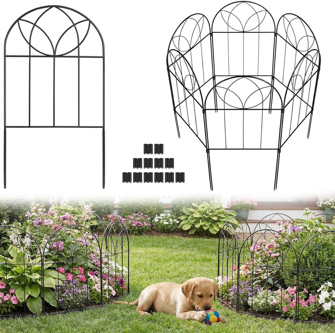 Small Garden Fence Animal Barrier, Decorative Garden Fence 24in(H) x 6ft(L), 6 PCS Rustproof Metal Fences Panel, Arch Black No Dig Fences, Rabbit and Dog Border Fencing for Flower Bed, Patio