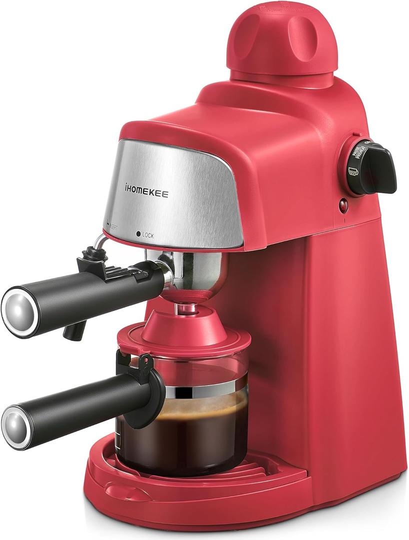Ihomekee Espresso Machine, 3.5Bar Espresso and Cappuccino Machine with Preheating Function, 4 Cup Coffee Maker with Milk Frothing Function and Steam Wand (Red), CM6810