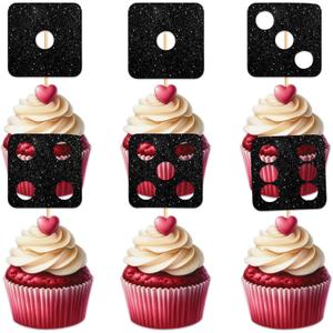 W Dice Cupcake Topper for Gambling Casino Theme Party Favors Decorations Cheer to Men Women Happy Birthday Party Decor Supplies set 18pcs Black Glitter