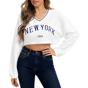Remidoo Women's Embroidery Graphic Cropped Sweatshirt V Neck Loose Long Sleeve Crop Top (White, XL)