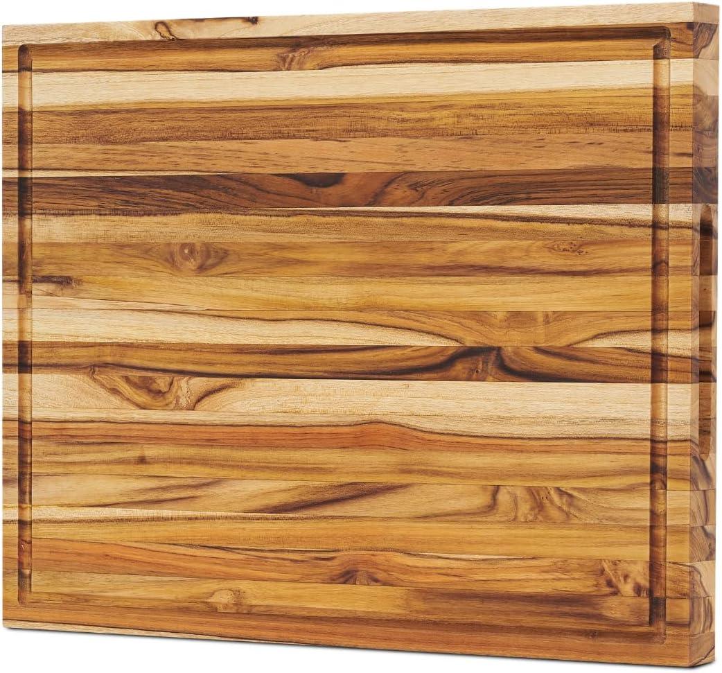 Teak Edge Grain Cutting Board 18x14x1.25", Deep Juice Groove & Side Handles