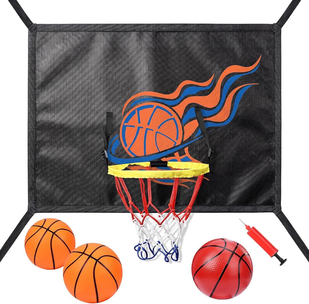 Trampoline Basketball Hoop Attachment, with 3 Basketballs and Pump & Hooks, Easy to Install, Universal Accessories Goal Game Fits 8 10 12 14 15 16 FT Trampoline Indoor Outdoor