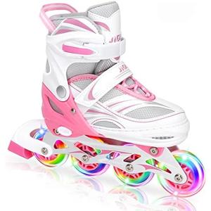 JeeFree 4 Size Adjustable Inline Skate for Kids,Children's Inline Skates with Light Up Wheel,Outdoor Illuminating Roller Skates for Girls,Boys and Beginners, S