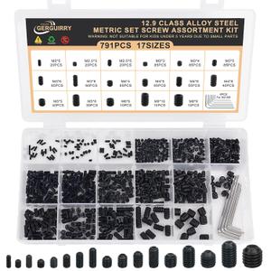 791PCS Set Screws, 17Sizes Metric Set Screw Assortment Kit, M2/2.5/3/4/5/6/8 12.9 Alloy Steel Black Grub Set Screws, Internal Hex Drive Cup-Point Screws for Bathroom Fixtures, Door Handles
