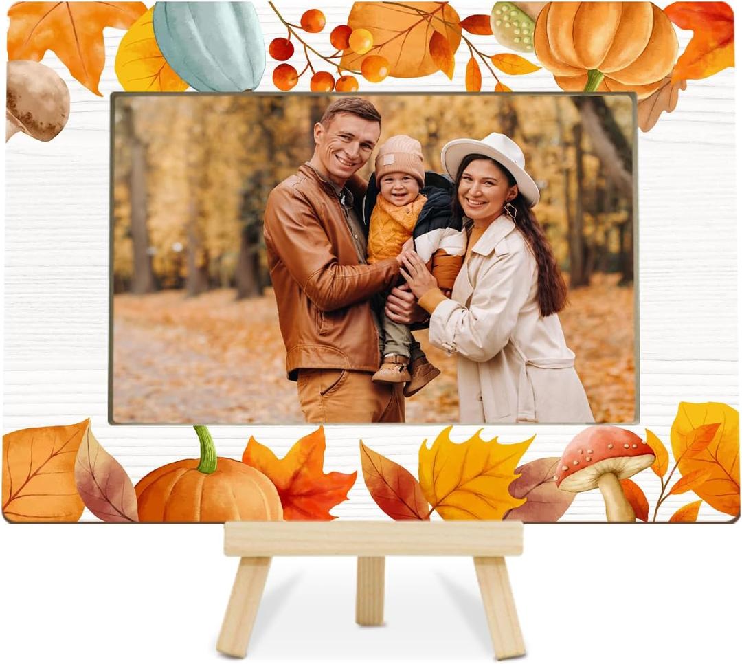ONDTOM 4x6 Thanksgiving Pumpkin Picture Frame,Rustic Wooden Fall Photo Frame with Orange Maple & Autumn Leaves, Perfect Desktop Gift for Fall Season -E03