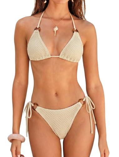 ZAFUL Triangle Bikini Sets for Women Sexy Tie Side Halter String O Ring Textured Two Piece Swimwear Bathing Suit(2-Beige, L)