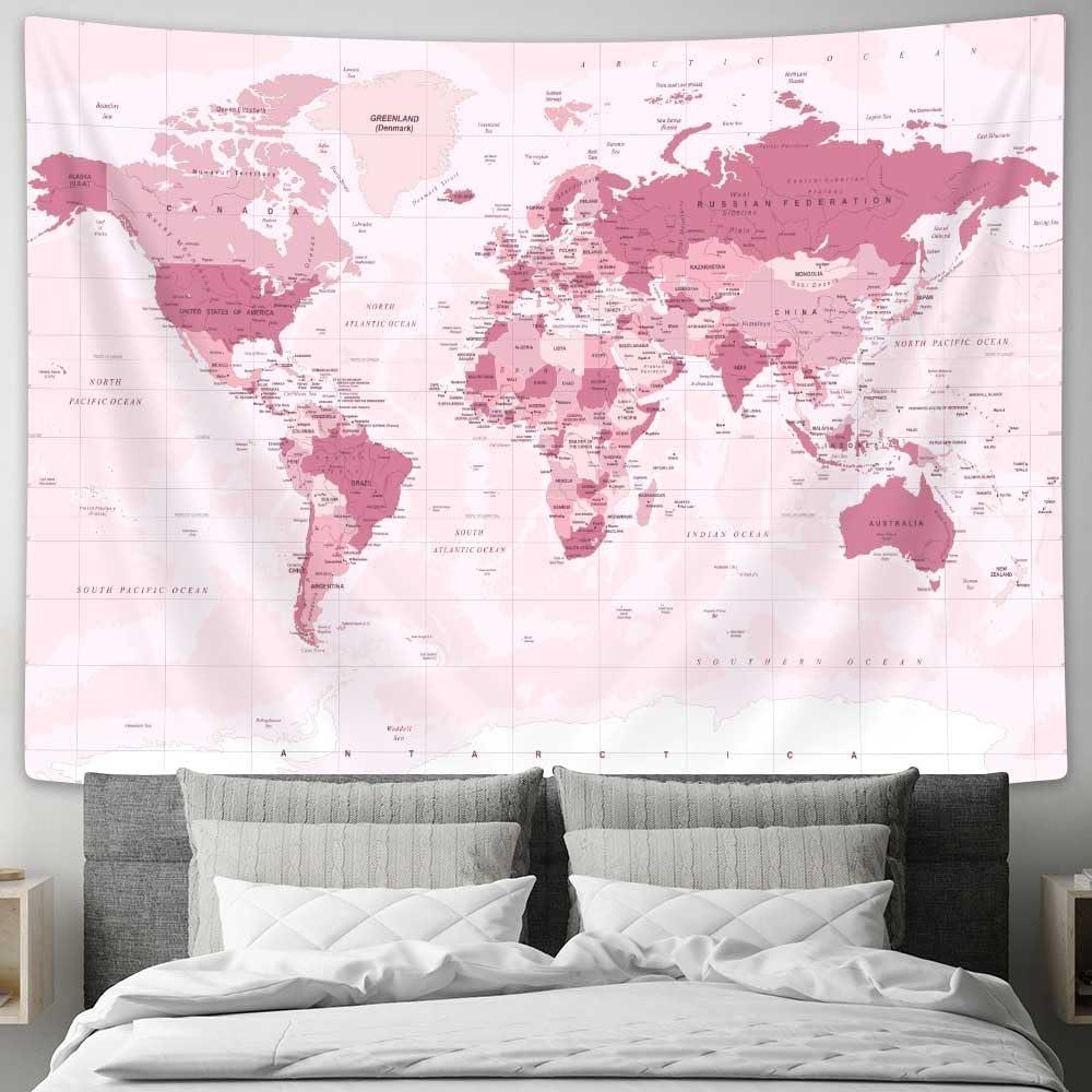Drgilau Old World Map Tapestry, Pink Map Educational Wall Tapestry Vintage Asia Europe South City Topography America Africa Wall Decor, Map of World Wall Art for Living Room Office 90X70 Inch (90L" x 70W")