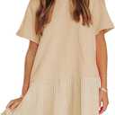 EXLURA Womens Summer Casual Short Sleeve Dress Crewneck Tshirt Dresses Pleated Aline Mini Dress 2025 Vacation Beach Sundress (Beige, M)