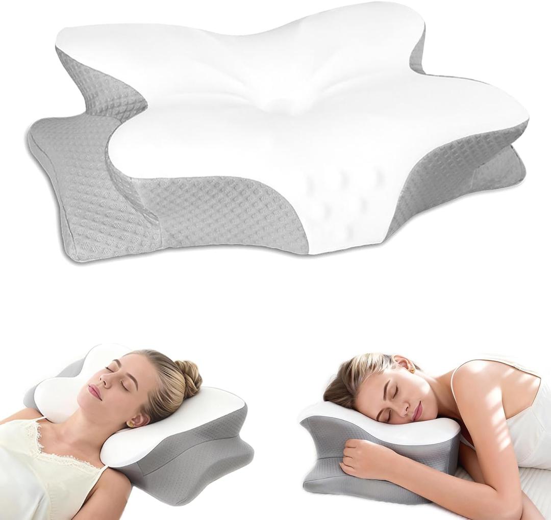 Wave Support Cooling Pillow for Neck & Back Pain Relief , Odorless Ergonomic Butterfly Memory Foam Pillows, Orthopedic Bed Pillow for Side Back Stomach Sleeper Help to relieve pain and improve sleep (White-gray)