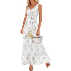 Women Sleeveless Boho Floral Maxi Dress Summer Casual Wrap Vneck Smocked Tie Flowy Ruffle Tiered Beach Long Sundress Pocket (White, XL)
