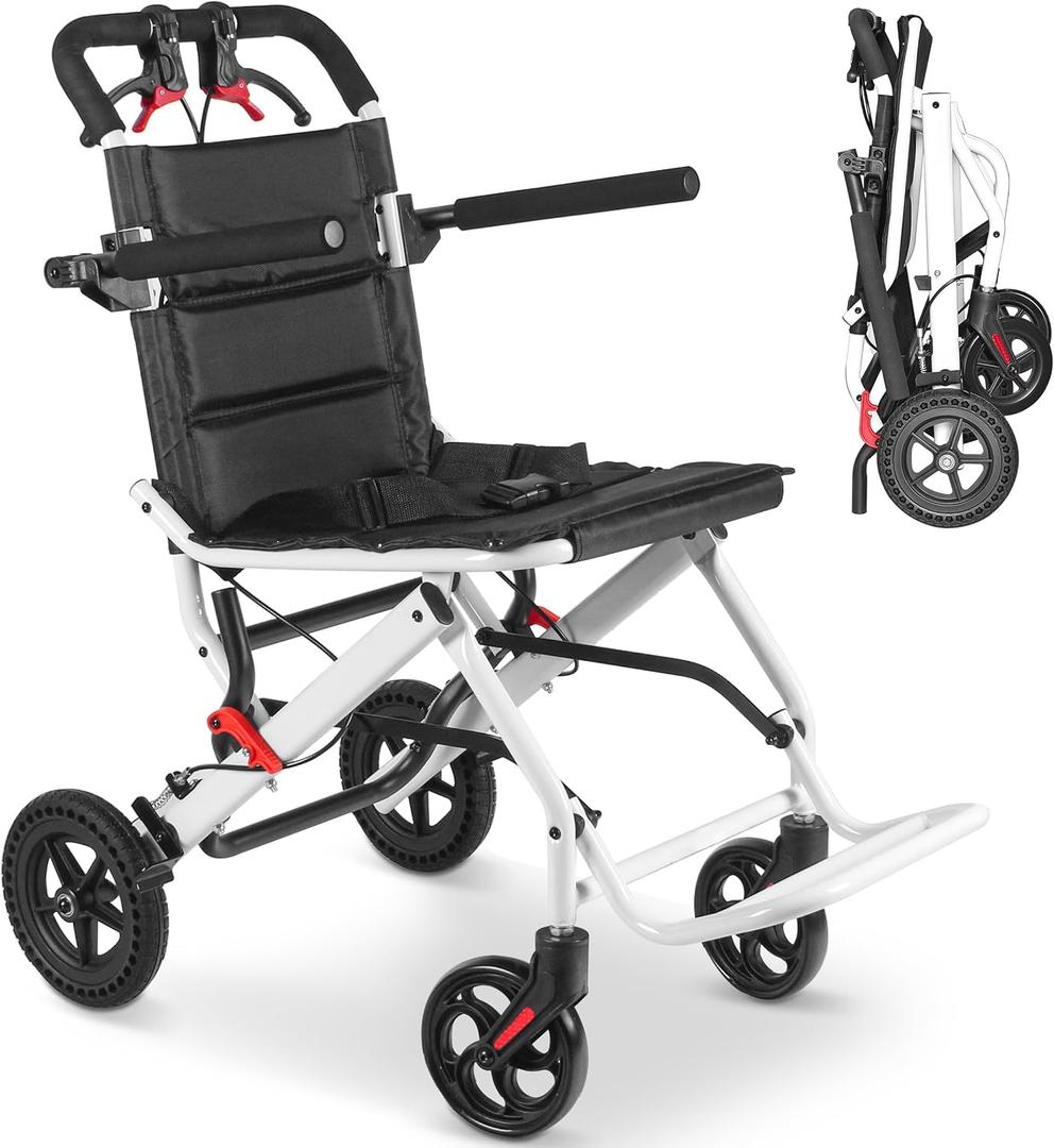 Compact Ultra-Lightweight Portable Transport Wheelchair Foldable Travel Wheelchairs with Handbrake for Adults and Seniors White