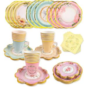 24 Sets Floral Paper Tea Cups and Saucers Disposable Tea Party Supplies, Teacup with Handle, 9''  7'' Plate, Napkin, Afternoon Tea Party Table Decorations for Birthday, Baby Shower, Mother's Day