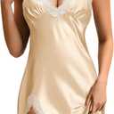 Vrtige Women's Satin Lace Trim V Neck Sexy Full Slip Sleepwear Chemise Nightgown