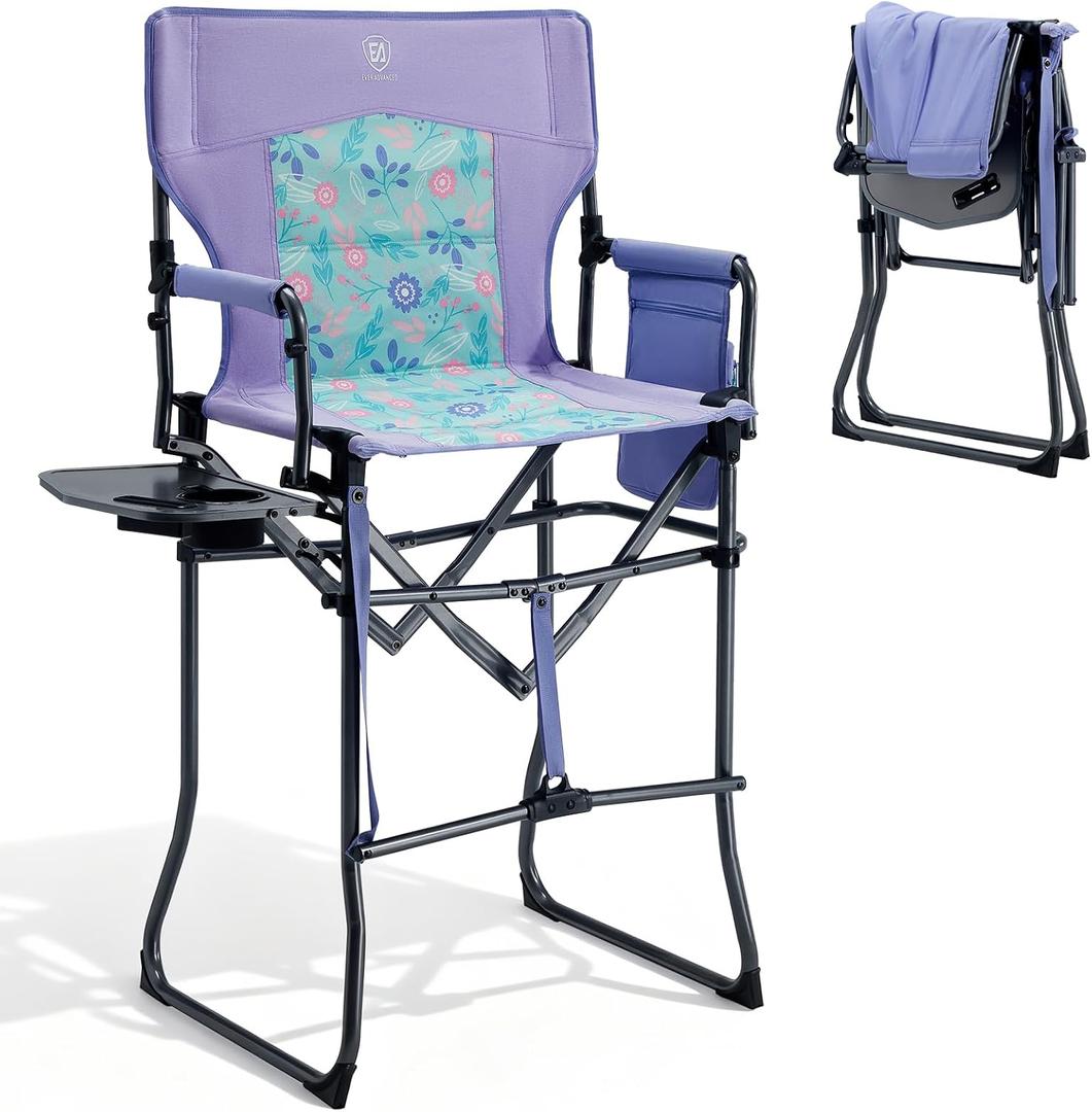 EVER ADVANCED Portable 30.7" Seat Height Tall Folding Camping Chair Directors Chair High Foldable Bar Stool with Side Table for Makeup Artist, Sports Event, Craft Show, Supports 350LBS