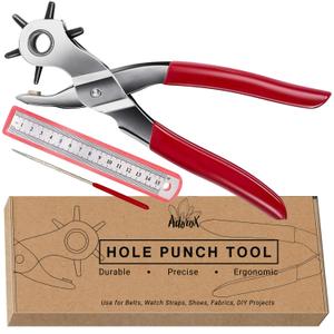 Adorox Heavy Duty Belt Hole Puncher for Leather  6 Size Revolving Leather Hole Punch Tool with Ruler & Deburring File, Perfect for Straps, Belts, DIY Leathercraft, and Repair (Red+Sliver)