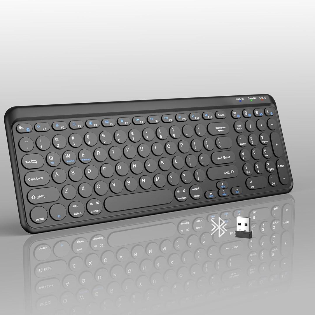 TECKNET Wireless Keyboard Bluetooth & 2.4G USB, Up to 4-Device Connection, USB C Rechargeable Battery, Quiet Typing, Compact Layout, 7 Ergonomic Tilt, Compatible with Windows/Android/iOS, Black