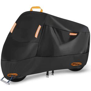 300D Heavy Duty Motorcycle Cover, SECELES All Season Durable Waterproof Outdoor Protection Scooter Cover 4 Reflective Tape Lock-Holes fits up to 86" Yamaha Honda Suzuki (XXL: 86" x 37" x 50") (Black)