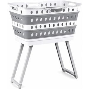 Collapsible Laundry Basket with Wheels & Folding Legs - 13.5 Gallon (51L) Large Foldable Pop-Up Clothes Hamper, Ergonomic Elevated Height, BPA-Free, Space Saving for Home & Dorm (Grey/White), 22 Gallon