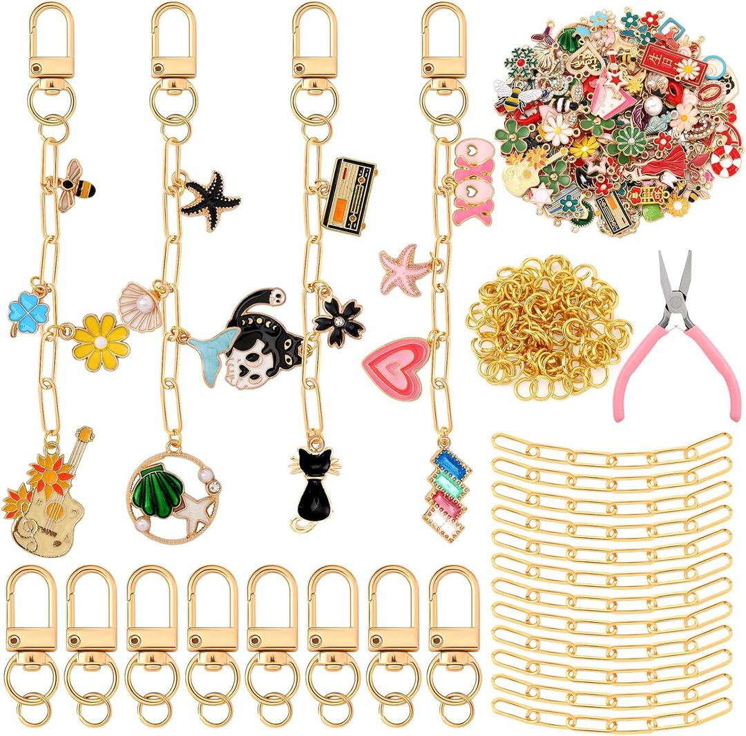 Tondiamo 286 Pcs Gold Keychain Making Kit Bulk Bag Charm Kit 120 Charms 20 Keychain Clips with Key Ring Swivel Snap Hook Lobster Claw Clasps 120 Jump Ring 25 Extender Chain Jewelry Plier DIY Craft