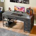 Huuger Computer Desk with 6 Drawers, Office Desk with Shelves, Reversible Gaming Desk, Corner Desk with Storage, Work for Home Office, Study, Living Room, 47inch, Grey