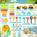 Beach Toys for Kids 35PCS Sand Toys with 3 Collapsible Bucket,3 Dump Truck,Beach Shovel,Sand Castle Building Kit,Ocean Molds,Dinosaur Sand Molds, 2 Mesh Bag,Toddler Beach Essentials for Kids 3-10