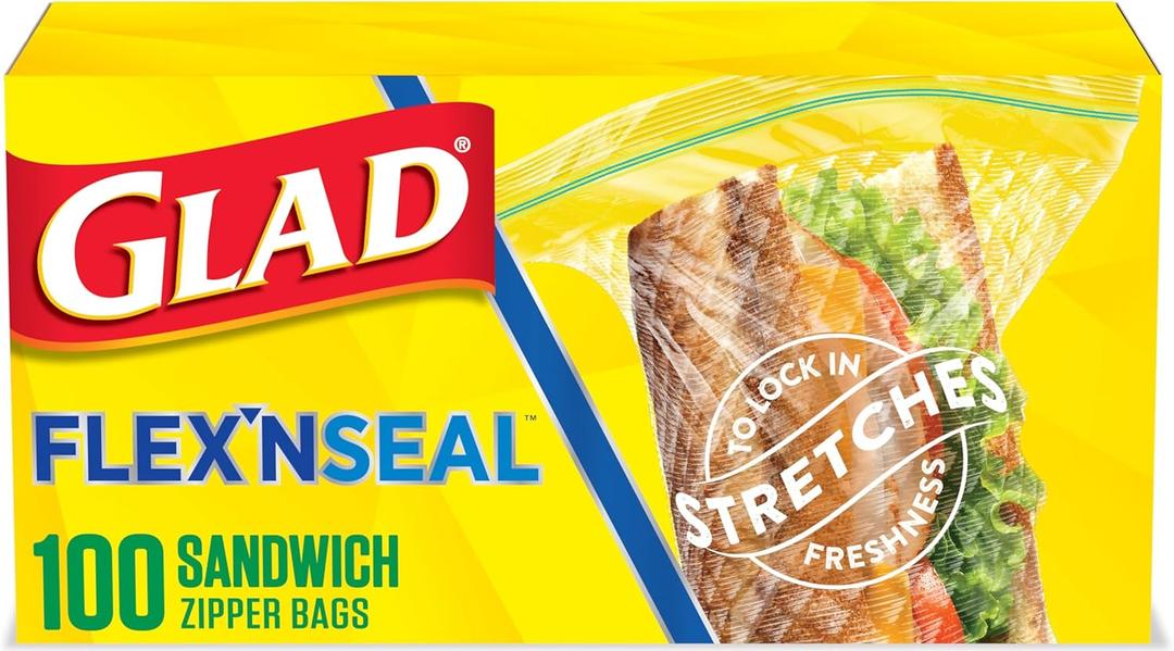 Glad Flex'N Seal Food Storage Plastic Bags, Sandwich, 100 Count, Pack of 4 
