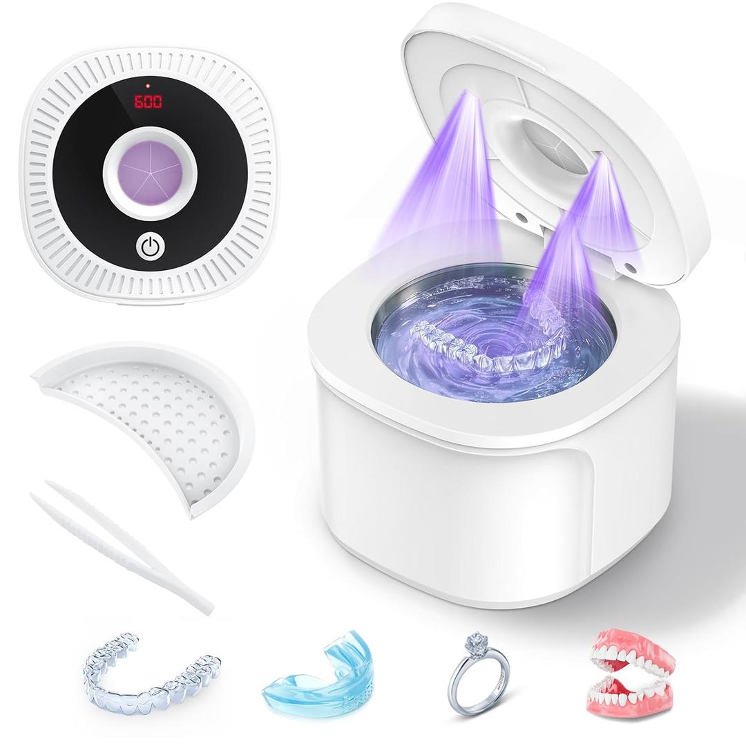 Ultrasonic Retainer Cleaner Machine, 45kHz Dental Cleaning Pod for Denture, Aligner, Nightguard, Mouth Guard, Toothbrush, Jewelry, with Digital Timer, 200ML & 4 Modes for All Dental Appliances (White)