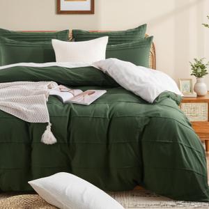NEXHOME PRO 100% Organic Cotton Duvet Cover Oversized King Size, Linen Like Pleated Textured Forest Green Duvet Cover Set, 3pc Bedding Set with Zipper Closure, Soft,120"x98", No Comforter