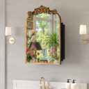 16x24 Inch Bronze Medicine Cabinet Mirror with Hand-Made Vintage Carving Flower and Aluminum Frame, Full Metal Cabinet, Recessed & Surface Mount, 2 Shelves, Arched Mirror with Storage for Bathroom