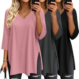 3 Pack Women's 3/4 Sleeve Oversized T-Shirts V Neck Comfy Casual Tunic Tops Knit Side Basic Split Loose Fit Tees (L)