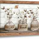 Tijuboni Farmhouse Bathroom Decor Wall Art, Rustic Cotton Flower Canvas Prints with Relax Soak Unwind Signs, Country Floral Framed Pictures Artwork for Bathroom 16"x24"