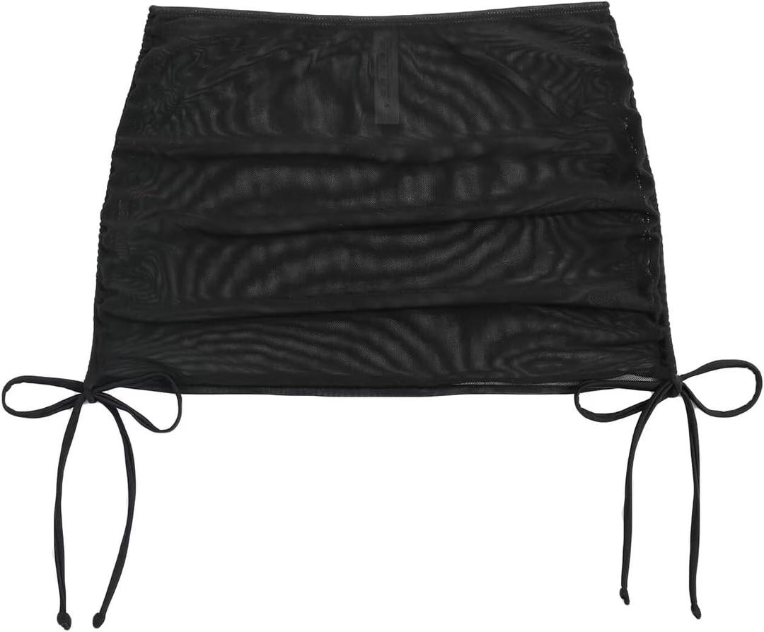 Women's Mesh Sheer Drawstring Solid Summer Bikini Cover Up Skirt (Black) Small 