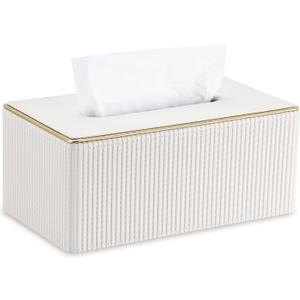 GORESE Rectangle Tissue Box Cover for Kleenex, PU Leather Tissue Box Holder, Rectangular Decorative Tissue Covers for 120(3-Ply)/160(2-Ply) Tissue Box, Cream White