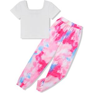 Girls Clothes Solid Color Square Collar Short Tops Tie Dye Long Pants Two Piece outfit Clothes for Girls 6-14Y