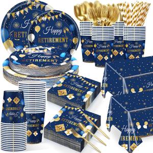 Funnymoom 452 Pcs Retirement Party Decorations Supplies Set Include Blue Gold Retirement Paper Plates Napkins Cups Tablecloth Cutlery Straws for Men Women Say Goodbye Party