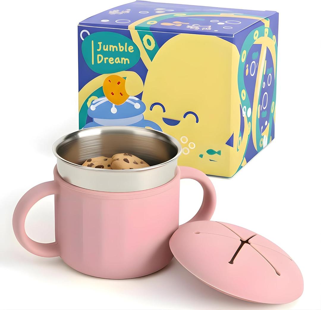 Jumble Dream Stainless Steel Baby Snack Cup for Toddlers Kids  Spill-Proof Silicone Snack Container  BPA-Free Non-Toxic Dishwasher Safe Food-Grade Stainless Steel for Baby Snacks 6m+ to 3+ Years (Blush Bloom)
