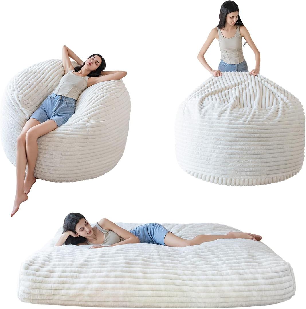 MAXYOYO Giant Bean Bag Chair Bed for Adults, Convertible Beanbag Folds from Lazy Chair to Floor Mattress Bed, Large Floor Sofa Couch, Big Sofa Bed, High-Density Foam Filling, Machine Washable Cover (Full, Beige)