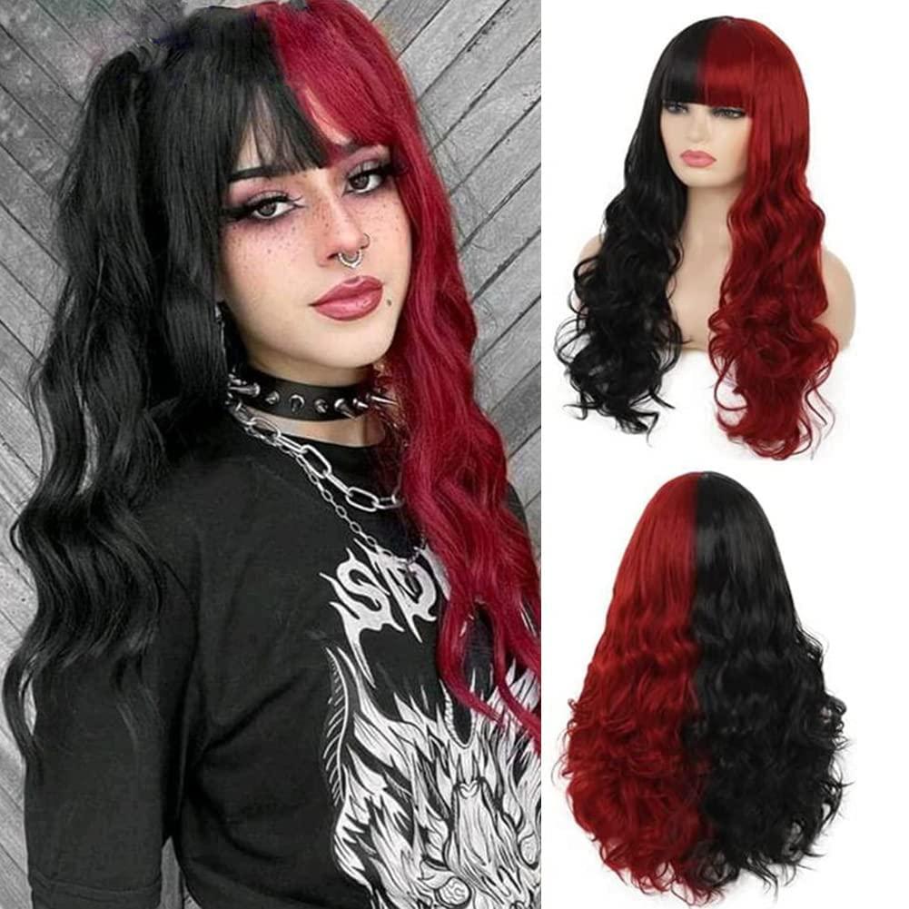Half Red Black Wigs with Bangs Long Curly Wavy Cosplay Wig Synthetic Heat Resistant Halloween Costume Wig With Wig Cap