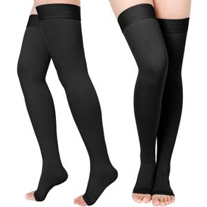 Compression Stockings for Women & Men, 2 Pairs 15-20mmHg Thigh High Compression Socks for Varicose Veins, Swelling, Pregnant (XX-Large, Open Toe/Black/2 Pair)