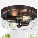 Flush Mount Ceiling Light Fixtures, 2-Light Oil Rubbed Bronze Ceiling Mount for Farmhouse with Seeded Glass Lampshade, Industrial Flush Mount Light Fixture for Hallway, Kitchen, Entryway and Foyer