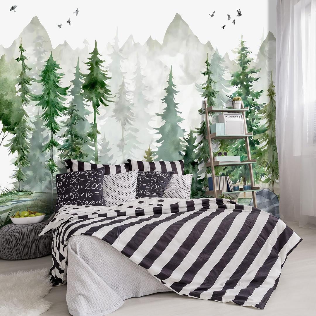 -Green Cartoon Pine Forest Nursery Fabric Wallpaper for Boys and Girls Children's Bedroom Living Room Woodland Plants Large Wall Mural- 91"x65" not Peel and Stick