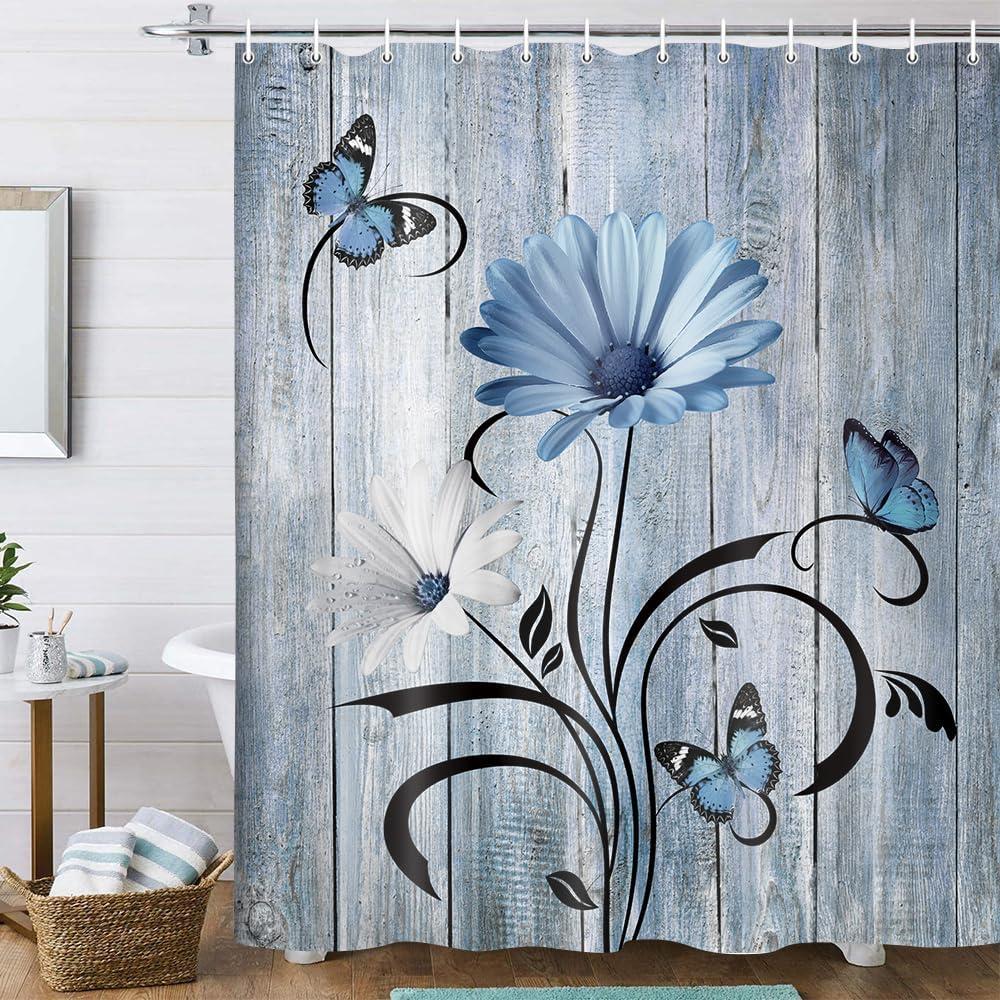 Rustic Farmhouse Floral Shower Curtain, Boho Blue Daisy Flowers Butterfly on Country Wooden Bath Curtains for Bathroom, Fabric Wildflower Farm Bathroom Decor Sets with Hooks,70X70IN