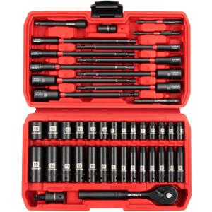 LLNDEI 1/4" Drive Socket Set & Nut Driver Set 44PCS, 1/4-Inch Sockets Deep&Shallow Metric(4-15mm) with Ratchet, 1/4" Hex Shank 6" Long Nut Drivers(6-14mm) for Impact Drill Bits(PH1 PH2)