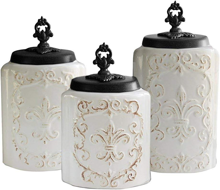 American Atelier Fleur de Lis White Canister Set 3-Piece Ceramic Jars in 84.5oz, 74.5oz, & 60oz Designed w/ Airtight Stainless Steel Lids for Cookies, Candy, Coffee, Flour, Sugar, Rice, Pasta, Cereal