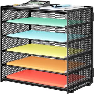 Paper Organizer Storage for Desk Accessories & Workspace Organizers 6 Tier Letter Tray Desk File Organization Metal Mesh Paper Sorter for Office-Black