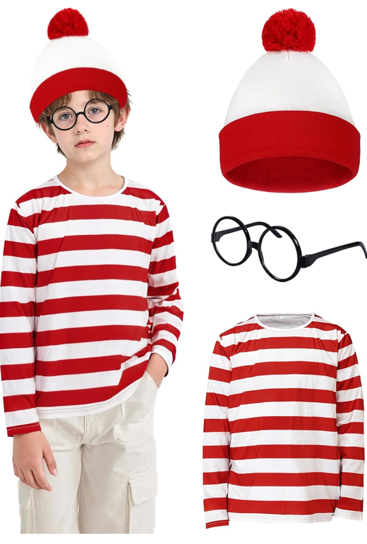 Red & White Striped Long Sleeve Shirt 3Pcs Set Classic Striped Top with Hat Glasses Funny Halloween Cosplay Outfit Medium Size