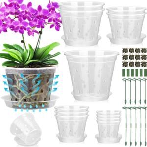 12 Pack Plastic Orchid Pots with Holes, 5 Sizes 3, 4, 5, 6,7 Inch Clear Orchid Pots for Repotting with Saucers Drainage and Plant Stakes, Large Small Breathable Orchids Planter Plant Pot