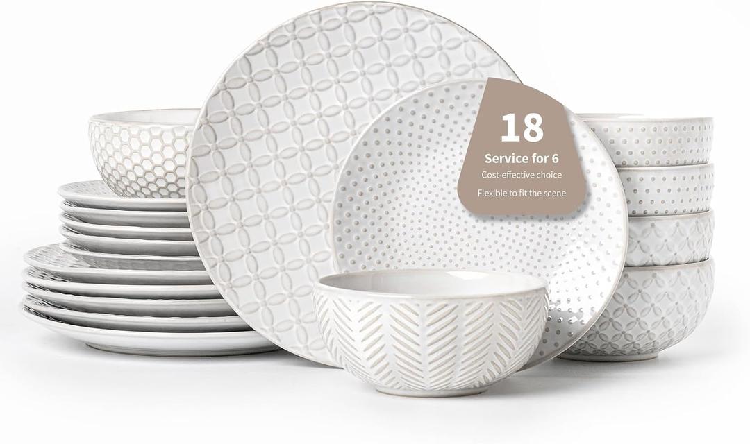 FOBENTA 18 Piece Embossed Dinnerware Sets for 6, Scratch-Resistant Plates and Bowls Sets, Microwave & Dishwasher Safe, Elegant Stoneware for Family Gatherings A Gift for Growing Households
